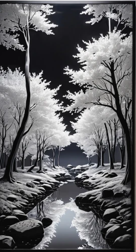 burchfield,woodring,black landscape,brook landscape,swampy landscape,swamps,cool woodblock images,linocuts,winter landscape,forest dark,river landscape,forest landscape,ice landscape,winter forest,woodcut,darklands,dark beach,kentridge,ink painting,streamside