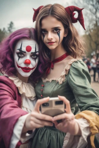 girl making selfie,creepy clown,costume festival,horror clown,doll looking in mirror,anabelle,scary clown,the girl's face,mimes,halloween costumes,mime,juggalos,porcelain dolls,pagliacci,fairytale characters,annabelle,doll's festival,pennywise,costumes,makeup artist,Photography,Cinematic