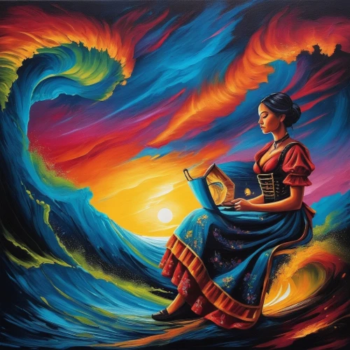 flamenca,girl at the computer,mexican painter,iconographer,computer art,woman playing,girl studying,fire artist,painting technique,programadora,indigenous painting,computer graphic,fantasy art,vietnamese woman,huichol,khokhloma painting,flamenco,woman playing violin,mythographer,art painting,Illustration,Realistic Fantasy,Realistic Fantasy 25