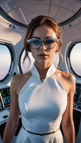 yachtswoman,aviatrix,cocaptain,boat operator,girl on the boat,stewardess,space tourism,spaceship interior,aviators,pilothouse,flightdeck,microaire,on a yacht,piloty,cyber glasses,passengers,chartering,flightsafety,futuristic,aboard,Photography,General,Realistic