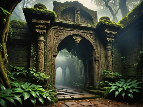 the mystical path,doorways,theed,hall of the fallen,fantasy landscape,mausoleum ruins,archways,crypts,forest path,ancient ruins,ancient city,rivendell,the threshold of the house,fantasy picture,myst,passageway,corridors,elven forest,entrada,gateway,Conceptual Art,Daily,Daily 05