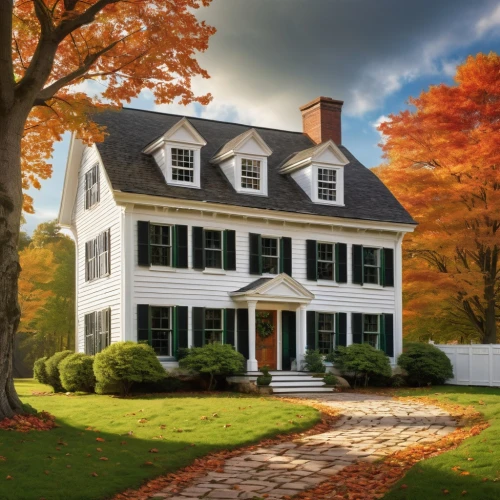 new england style house,old colonial house,country house,fall landscape,country cottage,autumn idyll,autumn decor,beautiful home,clapboards,fall foliage,haddonfield,housedress,homeplace,farmhouse,home landscape,ferncliff,country estate,houses clipart,innkeepers,farm house,Art,Classical Oil Painting,Classical Oil Painting 30
