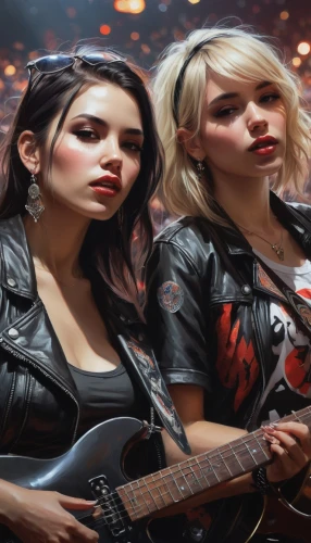 rock band,guitars,concert guitar,beautiful girls with katana,electric guitar,derivable,rockstars,guitar,cola bottles,rocker,songsters,cholas,guitarists,epiphone,guitar player,harleys,rockers,playing the guitar,bad girls,rock music,Conceptual Art,Fantasy,Fantasy 11