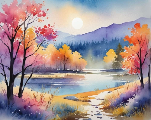 autumn landscape,watercolor background,watercolor,fall landscape,watercolor painting,watercolorist,autumn scenery,watercolour paint,water colors,watercolor paint strokes,watercolour,watercolor tree,autumn idyll,watercolours,water color,river landscape,watercolors,watercolor blue,autumn background,watercolor pine tree,Illustration,Paper based,Paper Based 25