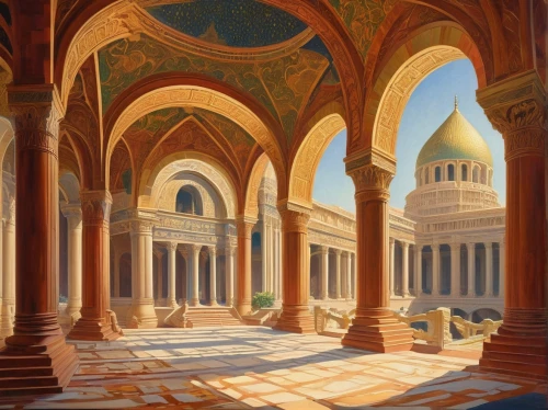 karakas,theed,hall of the fallen,seregil,capitolium,neotraditional,kondos,palaces,marble palace,galerius,umayyad palace,petra,ancient city,pillars,alhambra,columns,ancient buildings,hildebrandt,andalus,terracotta,Art,Classical Oil Painting,Classical Oil Painting 15