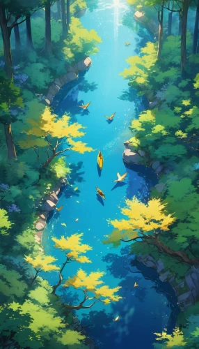 forest lake,koi pond,pond,a small lake,floating over lake,waterscape,floating on the river,calm water,evening lake,underwater oasis,garden pond,lily pond,lake,water scape,raft,creek,a river,lilly pond,ghibli,lagoon,Illustration,Japanese style,Japanese Style 03