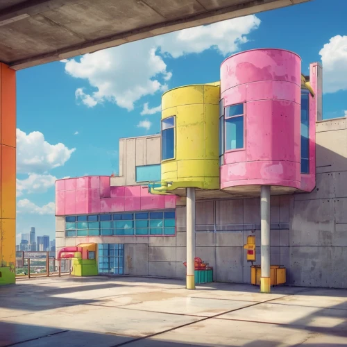 sky apartment,colorful city,cubic house,parkade,skyways,apartment block,multi storey car park,lofts,headquaters,lazytown,apartment blocks,scampia,colorful facade,microdistrict,apartment building,futuristic architecture,skywalks,modern architecture,urban landscape,beautiful buildings,Illustration,Japanese style,Japanese Style 02