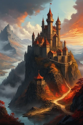 fantasy landscape,castle of the corvin,knight's castle,fantasy picture,castle keep,erebor,medieval castle,nargothrond,castle,fantasy art,fairy tale castle,mountain settlement,gold castle,peter-pavel's fortress,beleriand,summit castle,gondolin,forteresse,castel,diagon,Photography,General,Natural