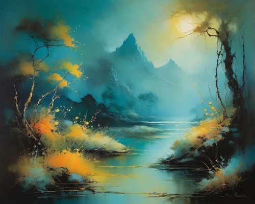 river landscape,fantasy landscape,oil painting on canvas,jianfeng,forest landscape,mountain landscape,world digital painting,landscape background,underwater landscape,oil painting,paisaje,mountain scene,nature landscape,fantasy picture,art painting,mountainous landscape,fantasy art,aivazovsky,painting technique,landscapes,Illustration,Realistic Fantasy,Realistic Fantasy 16