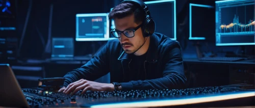 cybertrader,dj,trading floor,reaktor,genocyber,cyberonics,syncmaster,music producer,computerologist,robbert,djn,coder,control desk,man with a computer,frankmusik,oscillator,control center,cryptographer,cyber glasses,cyberathlete,Illustration,Retro,Retro 26