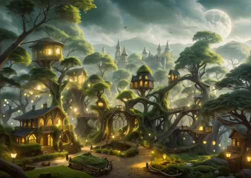 mirkwood,fantasy landscape,elven forest,fairy village,fantasy picture,enchanted forest,fablehaven,fairy forest,rivendell,fairyland,whorwood,treehouses,fantasy art,fairy world,elfland,ecotopia,mushroom landscape,elves country,fantasy city,cartoon forest