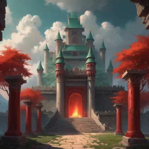 hall of the fallen,portal,knight's castle,fantasy landscape,castle of the corvin,arenanet,castle keep,city gate,castlelike,victory gate,kingdoms,castle iron market,background design,threshhold,mausoleum ruins,ancient city,castle,fantasy picture,firelands,kinkade,Conceptual Art,Fantasy,Fantasy 01