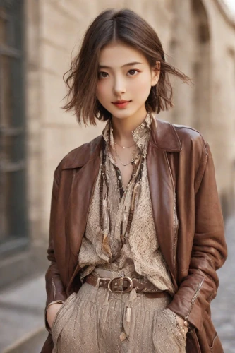 caterino,young model istanbul,brown fabric,fashionable girl,steampunk,shearling,women fashion,mongolian girl,vintage girl,vintage woman,menswear for women,woman in menswear,woolmark,leather jacket,asami,trenchcoat,deerskin,romantic look,vintage fashion,bohemianism,Photography,Realistic