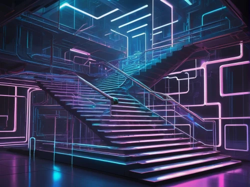 tron,80's design,wavevector,cinema 4d,cyberscene,3d background,art deco background,stairway,staircase,stairs,synth,isometric,rez,escaleras,geometrics,geometric,stair,neon light,fractal lights,cyberia,Illustration,Paper based,Paper Based 17