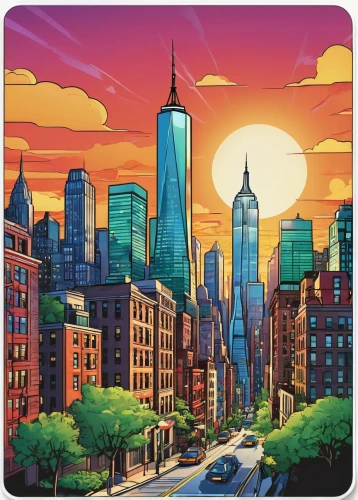 background vector,vector illustration,manhattanite,mobile video game vector background,city skyline,cityscape,1 wtc,colorful city,skyscrapers,mousepads,vector art,ues,vector graphic,blasio,spotify icon,citypass,vector image,city buildings,cityscapes,cartoon video game background,Unique,Design,Sticker