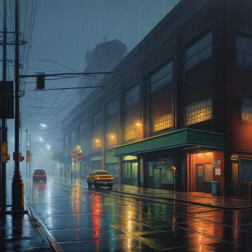 crewdson,rainy,night scene,world digital painting,sidestreet,cityscapes,rainy day,warehouses,urban landscape,evening atmosphere,city scape,street scene,atmospheres,photorealism,rainville,alley,heavy rain,industrial landscape,alleyway,rainswept,Illustration,Realistic Fantasy,Realistic Fantasy 11