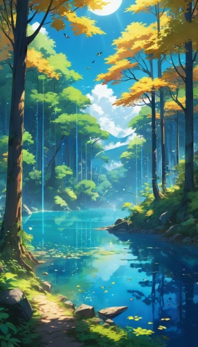 forest lake,landscape background,fantasy landscape,forest landscape,forest background,forest,waterscape,forest glade,nature background,water scape,underwater oasis,forest of dreams,forests,nature landscape,fairy forest,background design,lagoon,futuristic landscape,the forest,lake,Illustration,Japanese style,Japanese Style 03