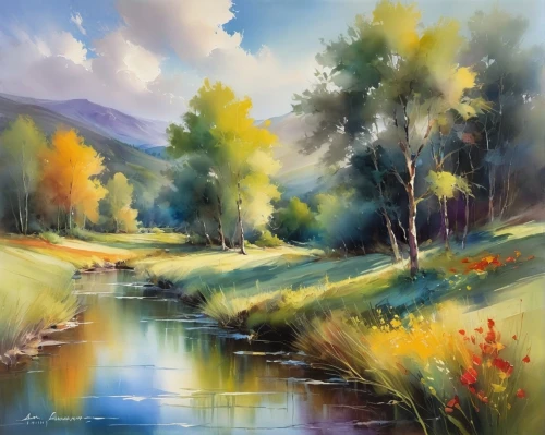 autumn landscape,river landscape,fall landscape,meadow in pastel,meadow landscape,landscape nature,nature landscape,brook landscape,landscape background,forest landscape,salt meadow landscape,landscape,paysage,autumn scenery,autumn idyll,mountain stream,watercolorist,mountain landscape,rural landscape,river bank,Illustration,Paper based,Paper Based 11