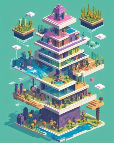 isometric,voxel,ancient city,lowpoly,floating islands,artificial islands,microworlds,step pyramid,voxels,floating island,microdistrict,animal tower,bird kingdom,city blocks,mushroom island,ziggurats,ziggurat,fantasy city,skyscraper town,low poly,Unique,Pixel,Pixel 03