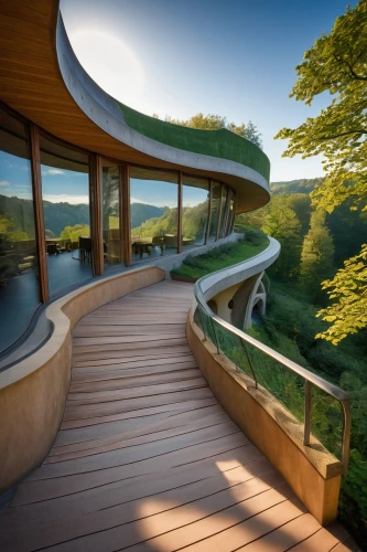 fallingwater,wood deck,wooden decking,glimmerglass,balustraded,roof landscape,futuristic architecture,earthship,cottars,snohetta,summer house,balconied,decking,luxury property,tree house hotel,balustrades,house by the water,dreamhouse,observation deck,balustrade,Illustration,Abstract Fantasy,Abstract Fantasy 05