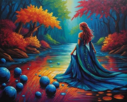 dubbeldam,oil painting on canvas,fantasy picture,girl on the river,art painting,oil painting,fantasy art,colorful background,harmony of color,oil on canvas,bohemian art,background colorful,enchanted forest,the mystical path,the blonde in the river,enchanted,pintura,blue painting,landscape background,girl in a long dress,Illustration,Realistic Fantasy,Realistic Fantasy 25