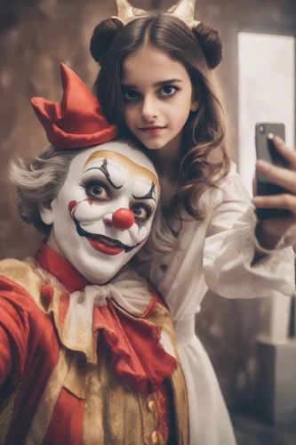 girl making selfie,anabelle,creepy clown,makeup artist,selfie,horror clown,scary clown,klown,mime,the girl's face,pagliacci,applying make-up,mimes,arlecchino,clowned,clown,selfe,annabelle,doll looking in mirror,selly,Photography,Cinematic