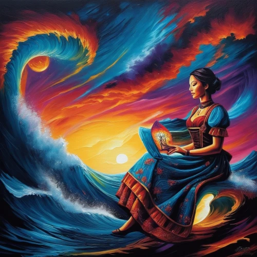 samudra,rainbow waves,flamenca,sirena,fantasy picture,fantasy art,japanese waves,saraswati,moana,mantra om,ocean waves,the wind from the sea,vishishtadvaita,yamatai,promethea,dreamtime,mystical portrait of a girl,mythographer,fire artist,moondragon,Illustration,Realistic Fantasy,Realistic Fantasy 25