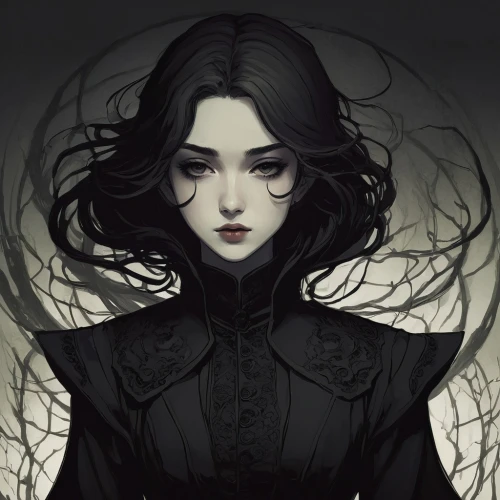 raven girl,raven,darkling,selene,dark angel,black raven,vestal,isoline,wiccan,gothic portrait,vampire lady,raven bird,behenna,aradia,hecate,gothic woman,dhampir,persephone,vampire woman,alita,Illustration,Black and White,Black and White 02