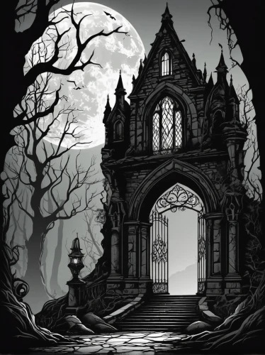 haunted cathedral,haunted castle,witch's house,ghost castle,witch house,the haunted house,ravenloft,haunted house,house silhouette,shadowgate,halloween background,hauntings,castle of the corvin,hall of the fallen,halloween frame,dark gothic mood,crypts,halloween illustration,castlevania,sanitarium,Illustration,Black and White,Black and White 04
