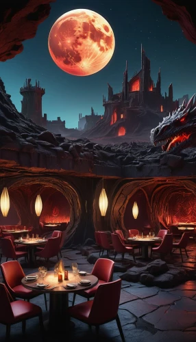 cantina,fine dining restaurant,gallifrey,naboo,fire planet,romantic dinner,lunar landscape,diner,night view of red rose,barsoom,tavernas,coruscant,red planet,majordomo,rosa cantina,red lantern,outdoor dining,moonbase,concept art,background design,Illustration,Realistic Fantasy,Realistic Fantasy 33