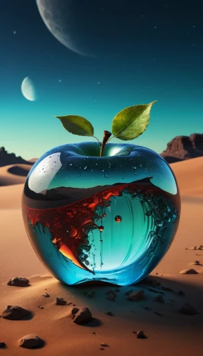 marimo,world digital painting,glass sphere,earth fruit,pomegranate,desert background,digital art,nature background,lunar landscape,desert,oasis,sci fiction illustration,fantasy picture,3d background,a drop of water,desert landscape,landscape background,art background,alien planet,lensball,Illustration,Realistic Fantasy,Realistic Fantasy 33