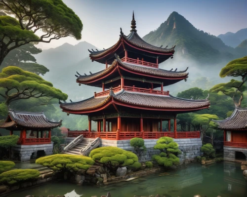 asian architecture,wudang,teahouses,buddhist temple,oriental,the golden pavilion,south korea,hall of supreme harmony,yunnan,golden pavilion,japan landscape,qingcheng,japon,shannxi,huangshan,japan garden,tianxia,lijiang,hanging temple,xiangshan,Illustration,Retro,Retro 11