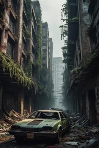 post-apocalyptic landscape,post apocalyptic,postapocalyptic,abandoned car,destroyed city,derelict,wasteland,abandoned,abandoned places,lostplace,scampia,lost place,luxury decay,dereliction,parkade,weyland,street canyon,urban landscape,abandoned place,lost places,Illustration,Realistic Fantasy,Realistic Fantasy 25