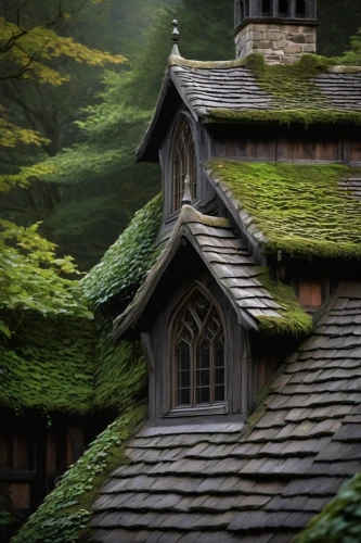 house in the forest,witch's house,witch house,fairy house,miniature house,roof landscape,grass roof,moss landscape,forest chapel,house roofs,wooden church,forest house,wooden roof,little house,rivendell,stave church,rooflines,house roof,house in mountains,slate roof,Illustration,Abstract Fantasy,Abstract Fantasy 15