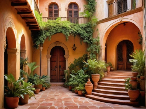 courtyards,courtyard,hacienda,patios,inside courtyard,patio,santa barbara,riad,cortile,entryway,casa,tlaquepaque,palmilla,tuscan,archways,la kasbah,entryways,doorways,alhambra,terracotta tiles,Illustration,Retro,Retro 04