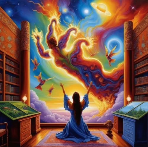 fantasy picture,the annunciation,fantasy art,annunciation,mythography,dream art,rosicrucianism,gnostics,qabalah,heaven and hell,astral traveler,imaginacion,mysticism,sistine chapel,realms,alchemy,heaven gate,rosicrucians,sacred art,surrealism,Illustration,Paper based,Paper Based 09