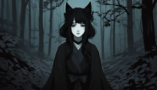 kayako,kitsune,kurohime,black shepherd,monowai,hecate,kuchiki,blackwolf,sango,furuta,amon,forest dark,strix,howl,kurenai,kanaya,melanistic,boonmee,forest animal,youkai,Illustration,Black and White,Black and White 02