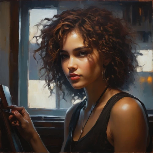 donsky,nestruev,girl portrait,heatherley,oil painting,vettriano,romantic portrait,world digital painting,portrait of a girl,heslov,digital painting,jeanneney,artist portrait,girl making selfie,dmitriev,abdellatif,woman at cafe,struzan,ignatiev,oil painting on canvas,Conceptual Art,Oil color,Oil Color 11