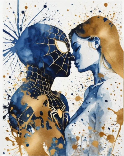 mystique,dazzler,sapphires,web,spider network,amantes,yellow and blue,man and woman,gemini,gold foil art,empath,superheroines,spiderwebs,romita,entangled,spiderweb,spider's web,horoscope libra,spidery,dark blue and gold,Illustration,Paper based,Paper Based 01