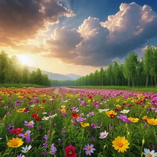 flower meadow,flowering meadow,field of flowers,flower field,meadow landscape,blanket of flowers,meadow flowers,flowers field,splendor of flowers,blooming field,spring meadow,sea of flowers,summer meadow,wildflowers,meadow and forest,flower background,wildflower meadow,meadow,wild flowers,nature wallpaper,Photography,General,Realistic