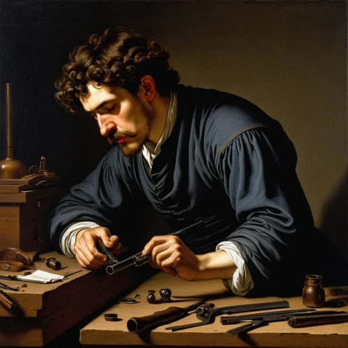 a carpenter,engraver,carpenter,caravaggio,gutenberg,luthiers,velazquez,watchmaker,knifemaker,leonardo devinci,leeuwenhoek,painting technique,man with a computer,blacksmith,hand with brush,craftsman,meticulous painting,guercino,kapellmeister,velasquez,Art,Classical Oil Painting,Classical Oil Painting 05