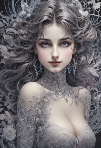 white rose snow queen,the snow queen,peignoir,ice queen,behenna,fantasy portrait,white lady,suit of the snow maiden,fairy tale character,boudria,winter rose,fairy queen,diana,silvered,filigree,pale,fantasy woman,eternal snow,frosted rose,zefross