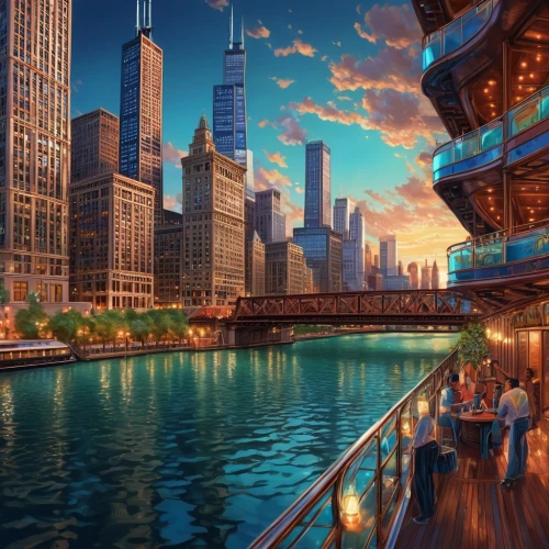 chicago skyline,chicago,chicago night,chicagoan,dubay,cruises,cruise ship,dubai creek,navy pier,cityscapes,harbour city,houseboats,water taxi,waterfronts,riverboats,westerdam,chicagoland,waterfront,fantasy city,federsee pier,Illustration,Realistic Fantasy,Realistic Fantasy 39