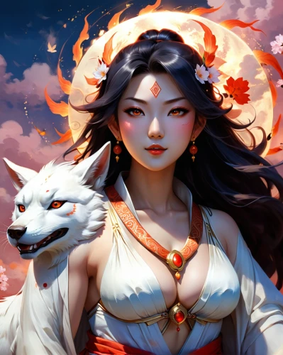 amaterasu,kitsune,okami,moondragon,mononoke,inuyasha,moonflower,blanca,shiranui,oriental princess,white wolves,diaochan,sun moon,sun and moon,tomoe,flame spirit,fantasy portrait,sunzha,dharma,mulan,Illustration,Realistic Fantasy,Realistic Fantasy 01