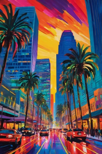 colorful city,los angeles,miami,la,losangeles,wilshire,angeles,glendale,sandiego,angeleno,vegas,californica,las vegas,boulevard,cityscape,luxehills,fla,palmtrees,san diego skyline,pasadena,Conceptual Art,Oil color,Oil Color 25