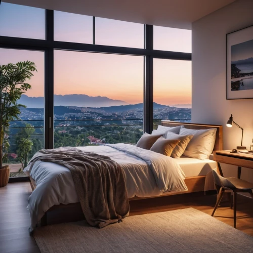 bedroom window,modern room,sky apartment,sleeping room,bedroom,great room,nightstands,guest room,modern decor,window view,headboards,penthouses,morning light,contemporary decor,mountain sunrise,bedside,smart home,shared apartment,headboard,bedside lamp,Photography,General,Realistic