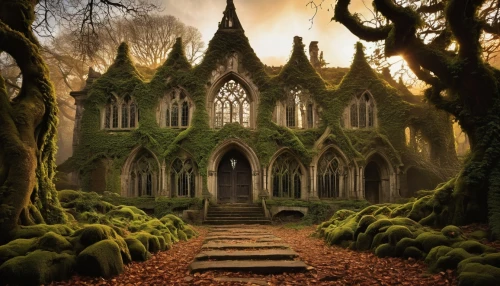 forest chapel,haunted cathedral,witch's house,moss landscape,gothic church,sunken church,hall of the fallen,witch house,gothic style,ireland,old graveyard,northern ireland,the black church,house in the forest,rivendell,muckross,forest cemetery,irlanda,black church,gothic,Illustration,Realistic Fantasy,Realistic Fantasy 10