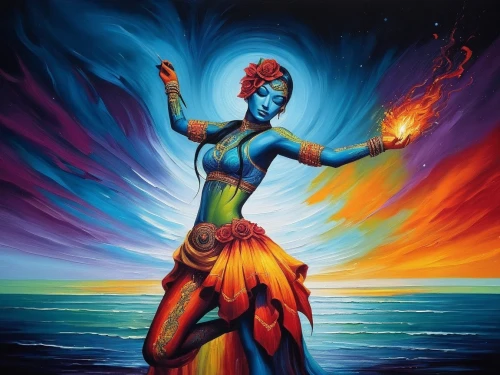 fire dancer,tandava,homam,firedancer,fire artist,dakini,kaliyuga,bhagavatam,flame spirit,fire dance,neon body painting,bodypainting,ardhanarishvara,orishas,dancing flames,vishwamitra,chhinnamasta,earth chakra,jayadeva,shamanic,Illustration,Realistic Fantasy,Realistic Fantasy 25