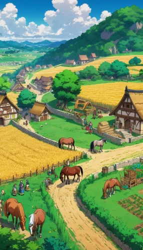 yamada's rice fields,agricultural scene,farm background,hosoda,farm landscape,studio ghibli,favaro,ghibli,yazaki,butka,rural landscape,countryside,alpine pastures,grassfields,mountain village,agricultural,rice fields,bucolic,kornfeld,japan landscape,Illustration,Japanese style,Japanese Style 03