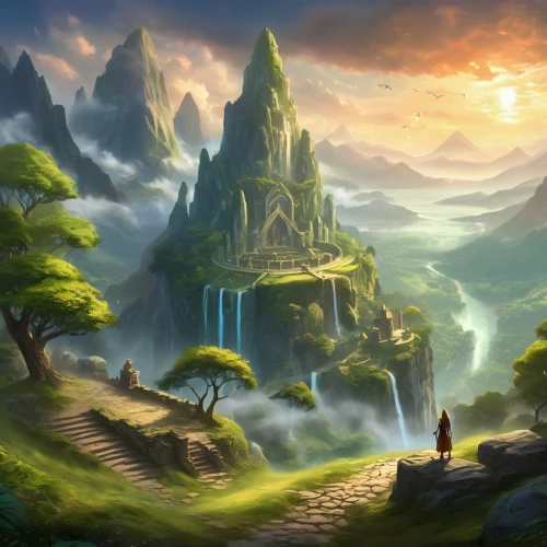 fantasy landscape,fantasy picture,alfheim,cartoon video game background,landscape background,the mystical path,world digital painting,beleriand,fantasy art,gondolin,fablehaven,hyrule,hinterlands,ithilien,rivendell,mushroom landscape,ancient city,mountain landscape,skylands,mountain world,Illustration,Realistic Fantasy,Realistic Fantasy 01